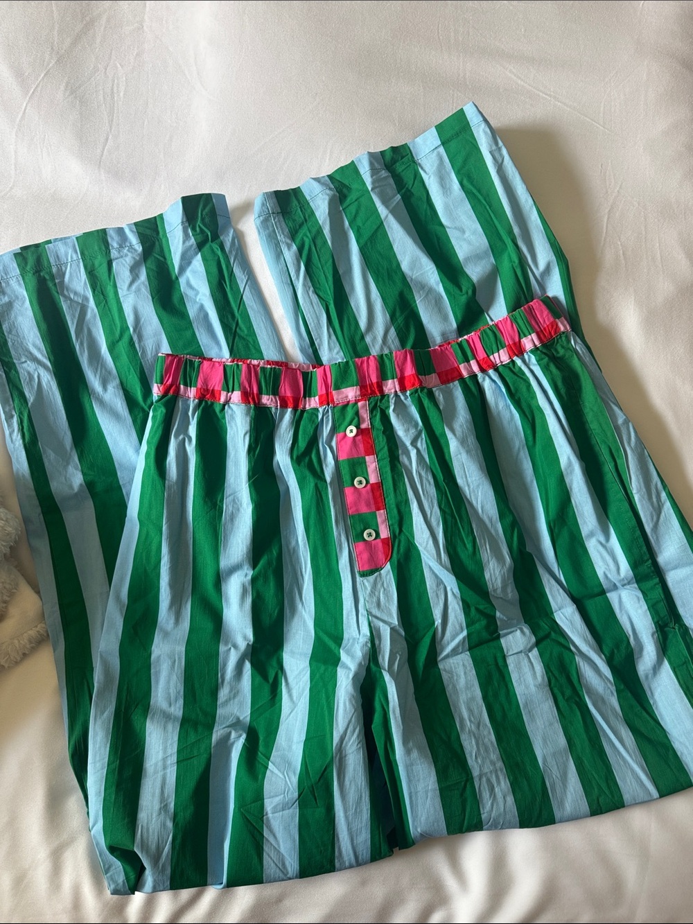 Shiraleah Blue & Green Striped Women's Pajama Shorts with Pink Trim